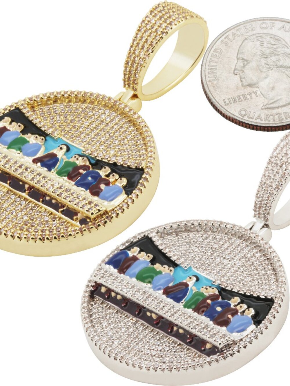 14k Yellow/White Gold Plated AAA Cubic Zirconia Last Supper Enamel Pendant